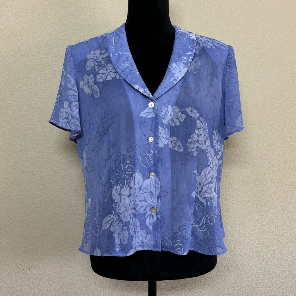 K Studio top women 14 floral short sleeve button down sheer blouse purple